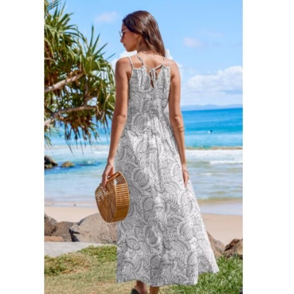 Cupshe Black & White Leaf Sleeveless Surplice Split Maxi Dress White / M - Picture 2 of 5